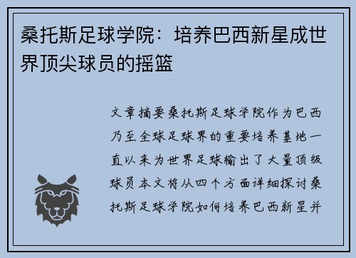 桑托斯足球学院：培养巴西新星成世界顶尖球员的摇篮